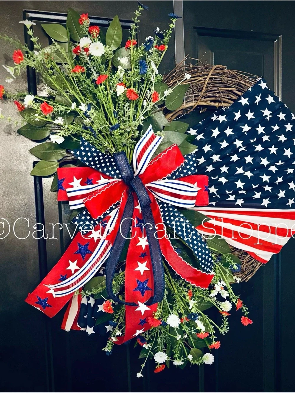 Patriotic Red White Blue Holiday Wreath with Floral Accents